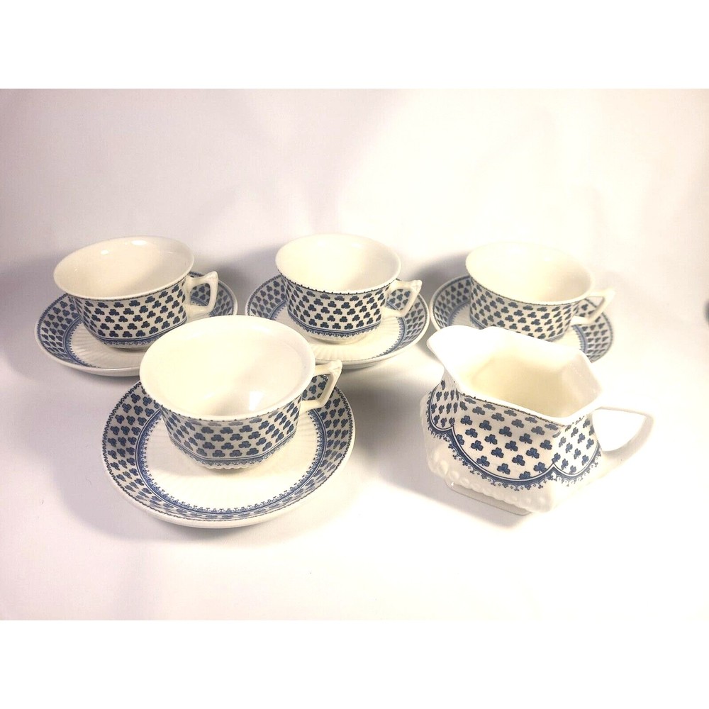 4 teacup & saucer creamer Adams English Ironstone Brentwood Blue Clover Wedgwood